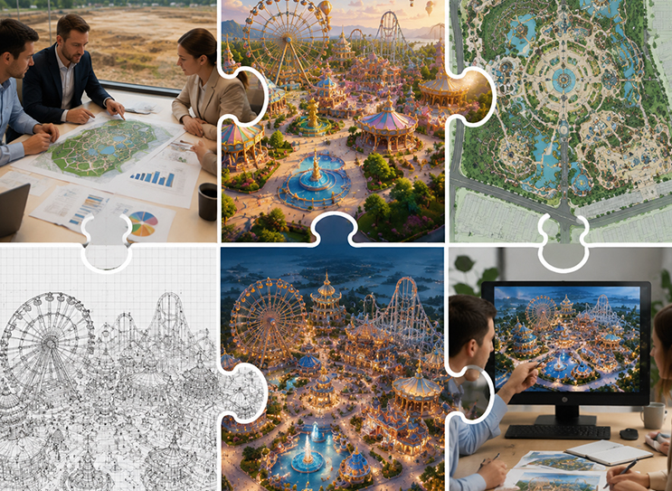 detailed steps to design a theme park